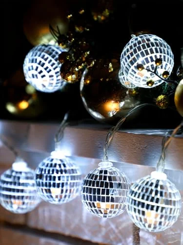 Guirlande de boules disco LED à miroirs sur piles, blanc argenté, photo du produit
