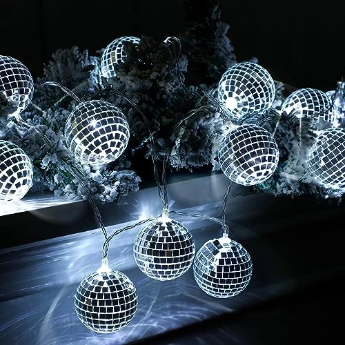 Guirlande de boules disco LED à miroirs sur piles, blanc argenté, photo du produit