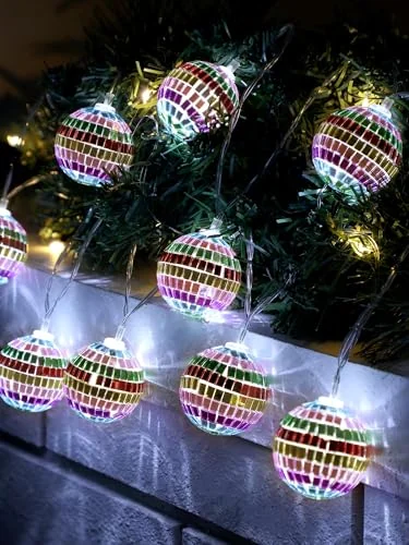 Guirlande de boules disco LED à miroirs sur piles, couleurs scintillantes, photo du produit