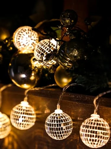 Guirlande de boules disco LED à miroirs sur piles, argenté chaud, photo du produit