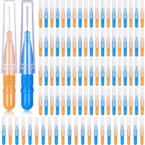 Lot de 100 brossettes interdentaires pour appareil dentaire, orange et bleu, photo du produit