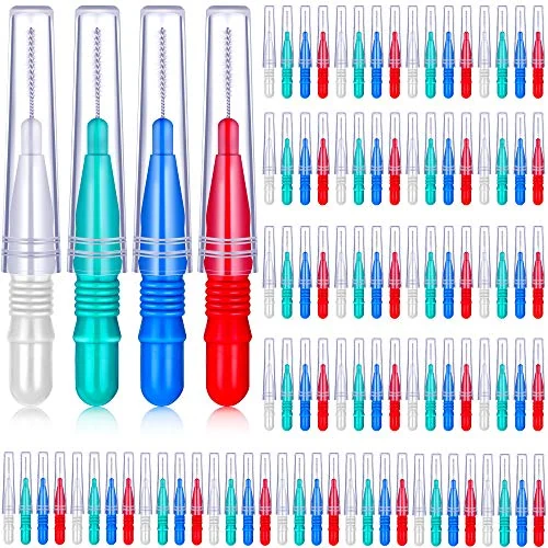Lot de 100 brossettes interdentaires, rouge, bleu, blanc et vert, photo du produit