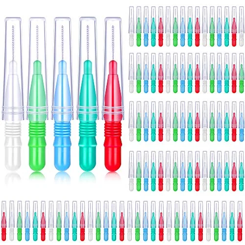 Lot de 100 brossettes interdentaires pour appareil dentaire, rouge blanc vert clair vert, bleu clair, photo du produit