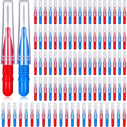 Lot de 100 brossettes interdentaires pour appareil dentaire, rouge et bleu, photo du produit