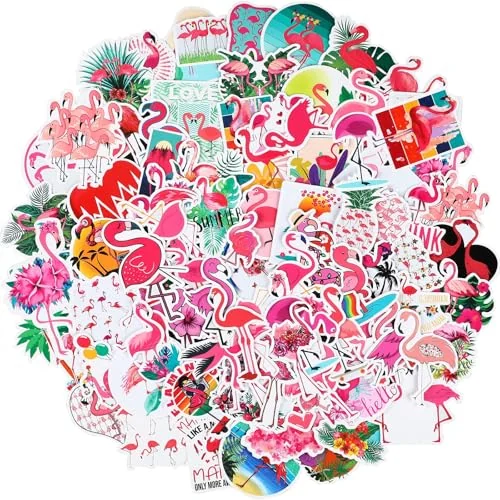 Lot de 100 autocollants flamant rose tropicaux étanches, motif flamant rose, photo du produit