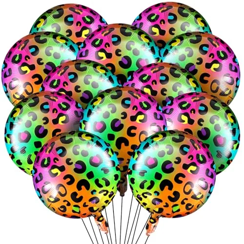 Lot de 12 ballons aluminium anniversaire léopard néon arc-en-ciel 46 cm, multicolore, photo du produit