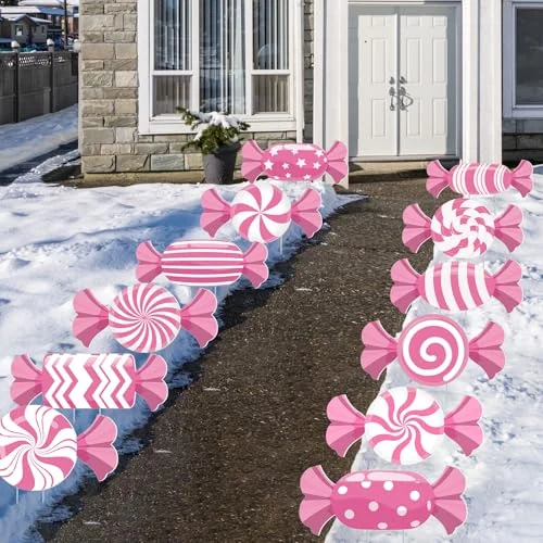 Lot de 12 panneaux de pelouse bonbons de Noël à piquets, rose, photo du produit
