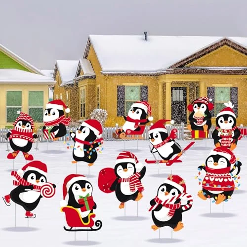 Lot de 12 panneaux de jardin pingouins de Noël à piquets, coloris classique, photo du produit