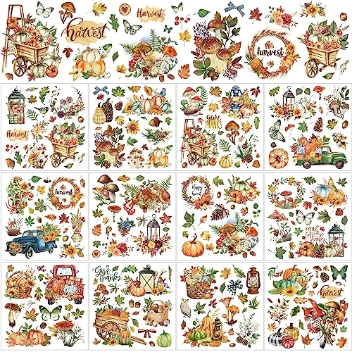 Lot de 12 planches de décalcomanies d'automne à frotter, rouge, vert, blanc, jaune, photo du produit