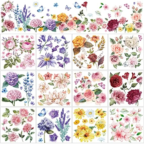 Lot de 12 planches de décalcomanies fleurs d'été à frotter, multicolore, photo du produit