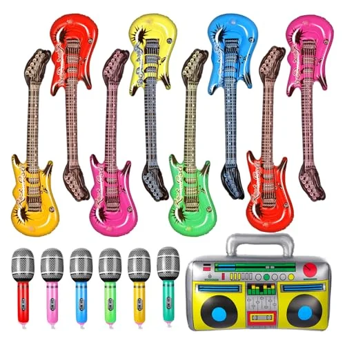 Lot de 15 guitares gonflables, rouge, rose, orange, jaune, vert, photo du produit