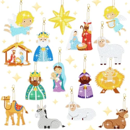 Kit de 15 porte-clés et décorations de Noël en broderie diamant, rouge, vert, doré, photo du produit