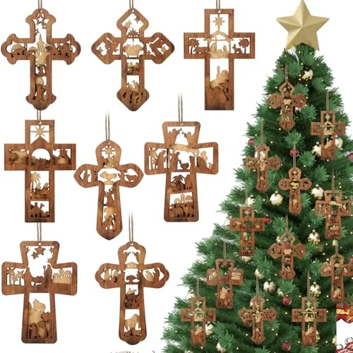 Lot de 16 décorations croix crèche de Noël en bois, marron, photo du produit