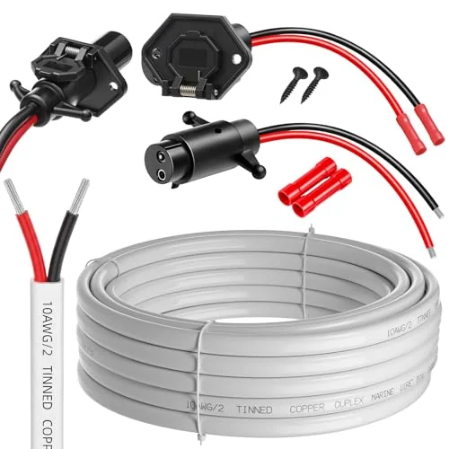 Lot de 2 câbles marins duplex étamés calibre 10, noir, blanc, noir et rouge, photo du produit