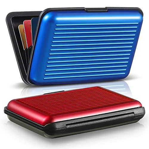 Lot de 2 porte-cartes aluminium anti-RFID, rouge, bleu, photo du produit
