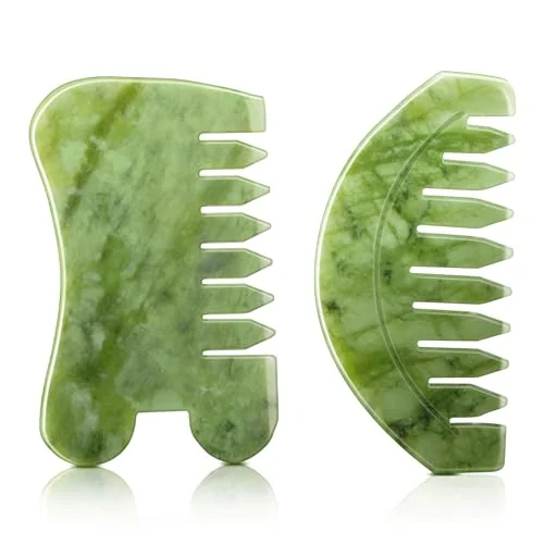 Lot de 2 peignes en jade pour massage du cuir chevelu, vert, photo du produit