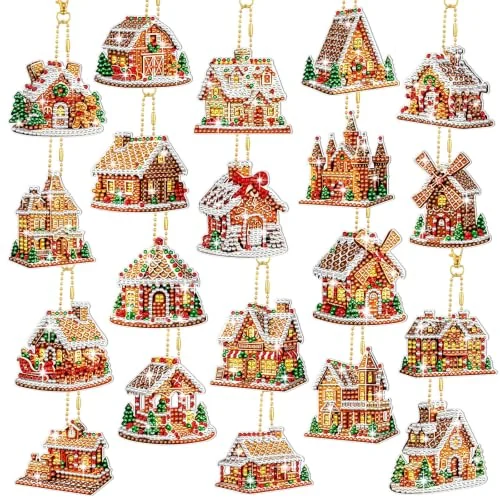 Lot de 20 porte-clés de Noël en broderie diamant, maison en pain d'épices, photo du produit