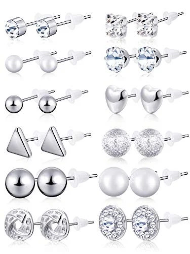 24 paires de boucles d'oreilles à clous, argenté, photo du produit