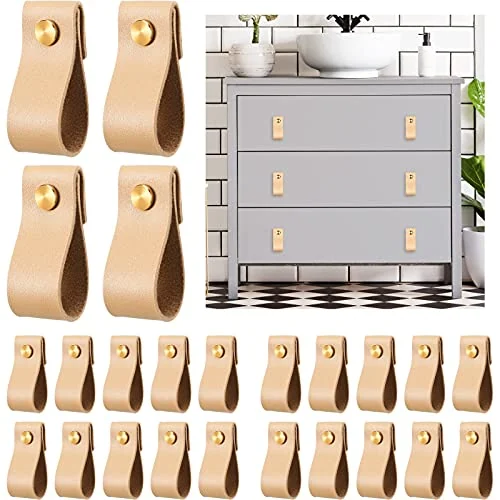 Lot de 24 poignées de tiroir en cuir PVC, marron clair, photo du produit