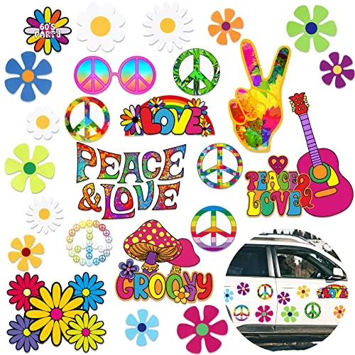 Lot de 25 aimants déco de voiture thème hippie années 60, coloris rétro, photo du produit
