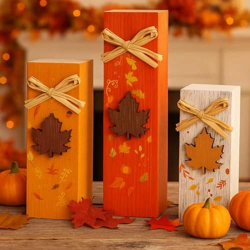 Lot de 3 blocs de table décoratifs d'automne en bois, rouge, rose, blanc, photo du produit