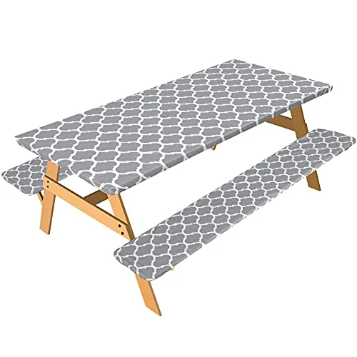 Lot de 3 housses ajustées en vinyle pour table de pique-nique et bancs, motif géométrique gris, photo du produit