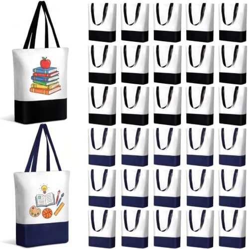 Lot de 30 sacs cabas en toile pour la rentrée, bleu, noir, photo du produit