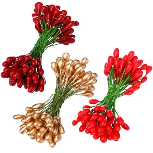 300 baies de houx artificielles sur 150 tiges, rouge foncé, rouge, doré, photo du produit