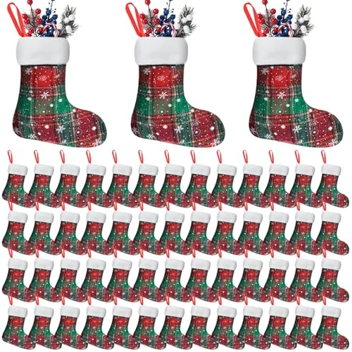 Lot de 36 mini-chaussettes de Noël à carreaux buffalo 18 cm, motif flocon, photo du produit