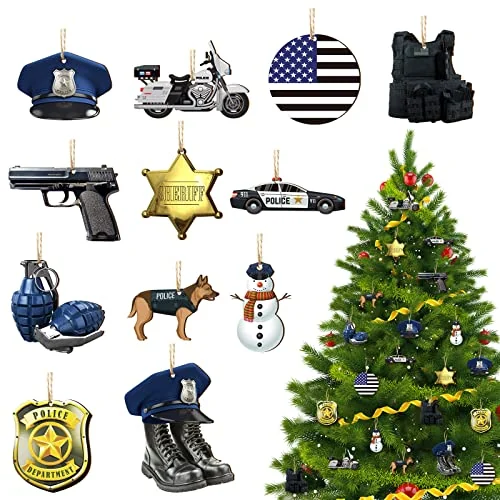 Lot de 36 décorations de Noël policières en bois, bleu, rouge, blanc, argenté, photo du produit