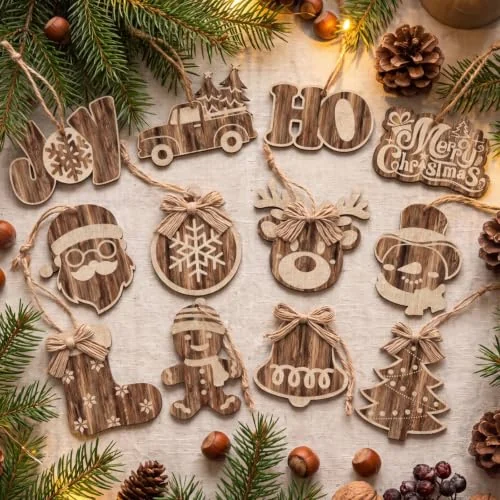 Lot de 36 décorations rustiques de Noël à carreaux buffalo, couleur bois, photo du produit