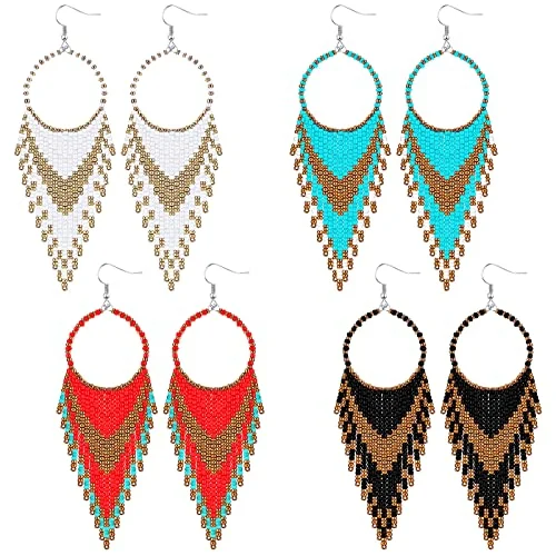 4 paires de boucles d'oreilles bohèmes à pampilles perlées, coloris élégant, photo du produit