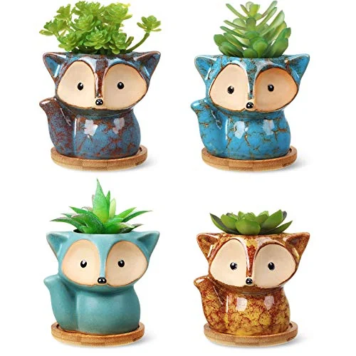 Lot de 4 pots à succulentes renard en céramique, motif renard, photo du produit