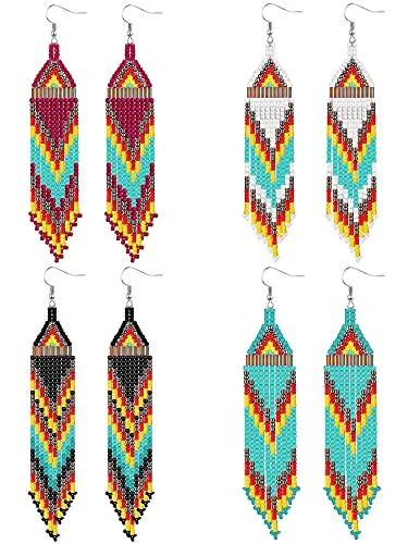 Lot de 4 boucles d'oreilles bohèmes à pampilles perlées, coloris doux, photo du produit