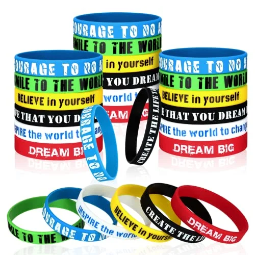 Lot de 48 bracelets caoutchouc à citations motivantes pour élèves, coloris assortis, photo du produit