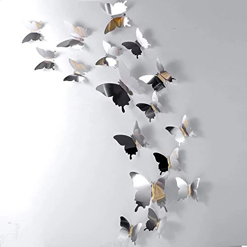 Lot de 48 papillons muraux 3D effet miroir, argenté, photo du produit