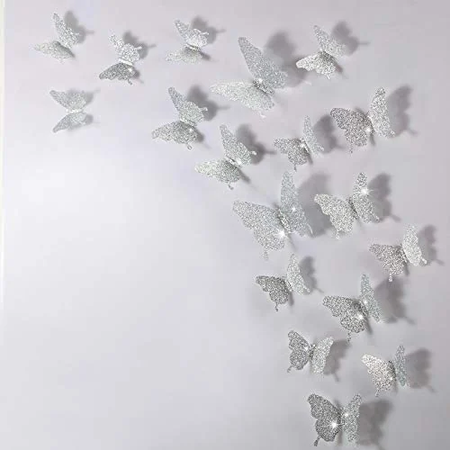 Lot de 48 papillons muraux 3D effet miroir, argenté pailleté, photo du produit