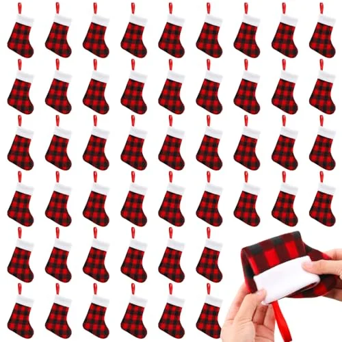 Lot de 48 mini-chaussettes de Noël à carreaux buffalo 18 cm, rouge et noir, photo du produit
