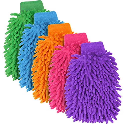 Lot de 5 gants de lavage auto chenille microfibre anti-rayures, orange, bleu, vert, rose, violet, photo du produit