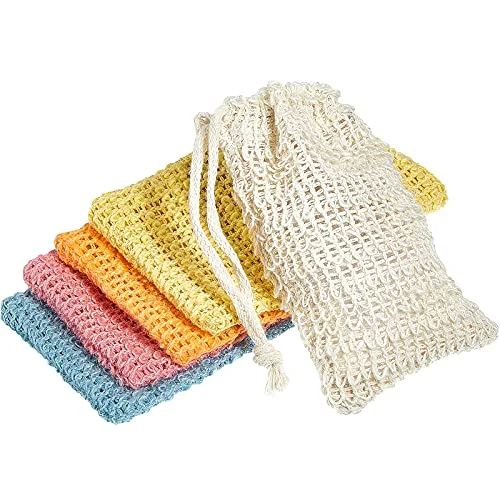 Lot de 5 pochettes à savon exfoliantes coton-lin, blanc, rose, bleu, jaune, orange, photo du produit