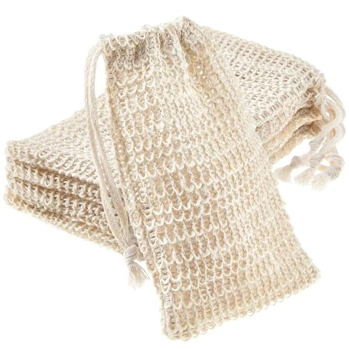 Lot de 5 pochettes à savon exfoliantes coton-lin, beige, photo du produit