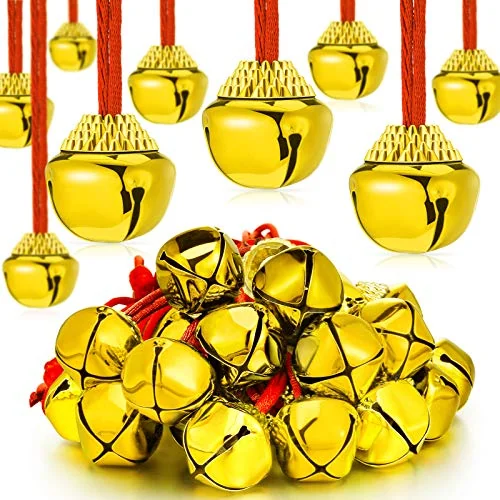 Lot de 50 colliers à clochette pour fêtes, cordon rouge, clochette dorée, photo du produit