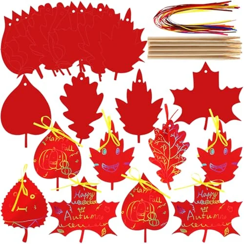 Lot de 50 feuilles d'automne à gratter colorées, rouge, photo du produit