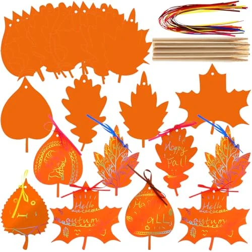 Lot de 50 feuilles d'automne à gratter colorées, jaune, photo du produit