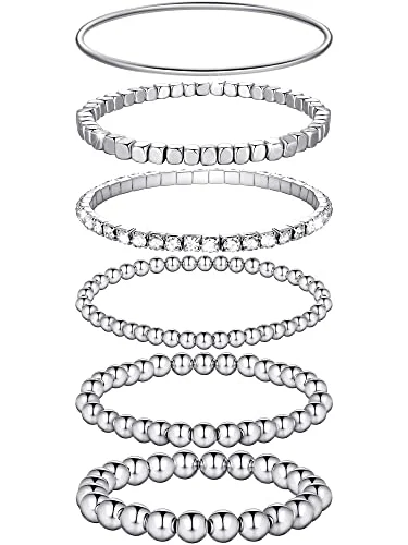 Lot de 6 bracelets de perles élastiques empilables, argenté, photo du produit