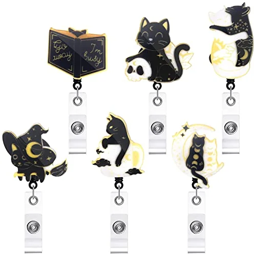 Lot de 6 enrouleurs de badge chat noir en acrylique, motif chat noir, photo du produit