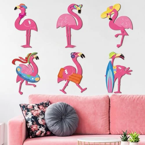 Lot de 6 décorations murales flamant rose d'été en bois, flamant rose, photo du produit