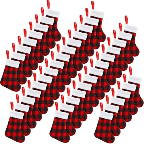 Lot de 60 mini-chaussettes de Noël à carreaux buffalo 18 cm, rouge et noir, photo du produit