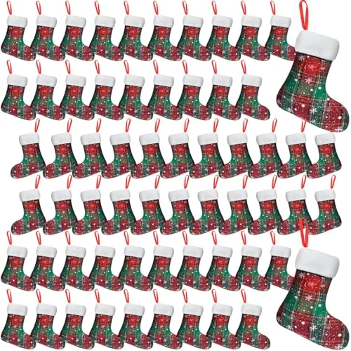 Lot de 60 mini-chaussettes de Noël à carreaux buffalo 18 cm, motif flocon, photo du produit