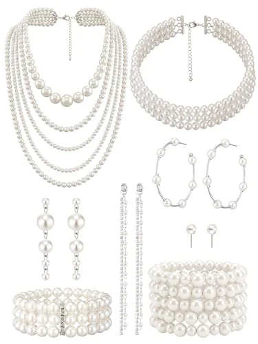 Lot de 8 parures collier et boucles d'oreilles en perles d'imitation, blanc, photo du produit